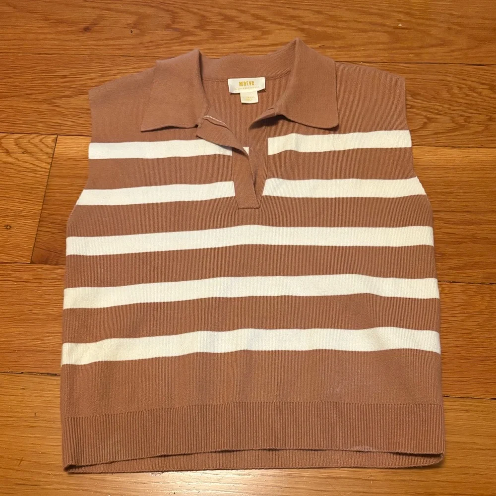 Anthropologie Maeve Collared Sweater Tank Top Striped Tan / White - Picture 2 of 4